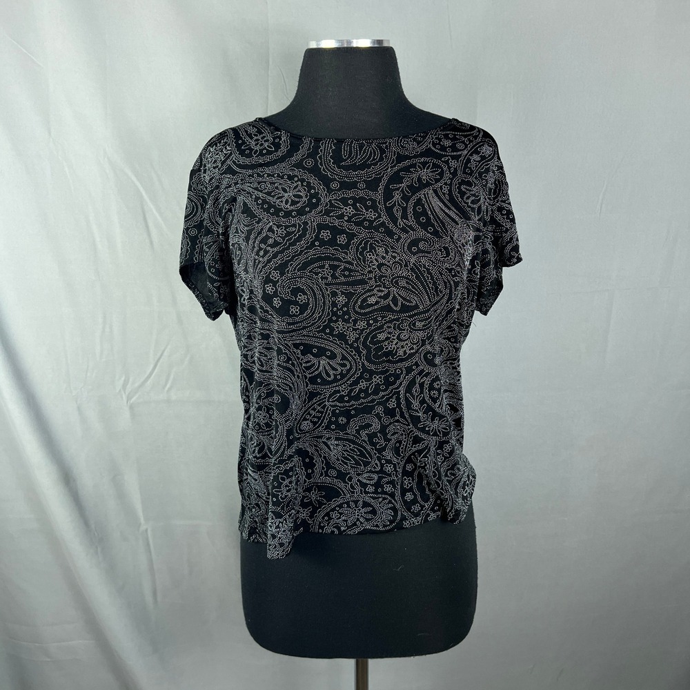 RL Richard Blouse Top Womens L Black White Paisley Print Nylon Stretch Everyday